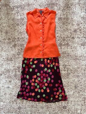 Harold's 100% Linen Bright Orange Sleeveless Ruffle-Trim Button Front Blouse
